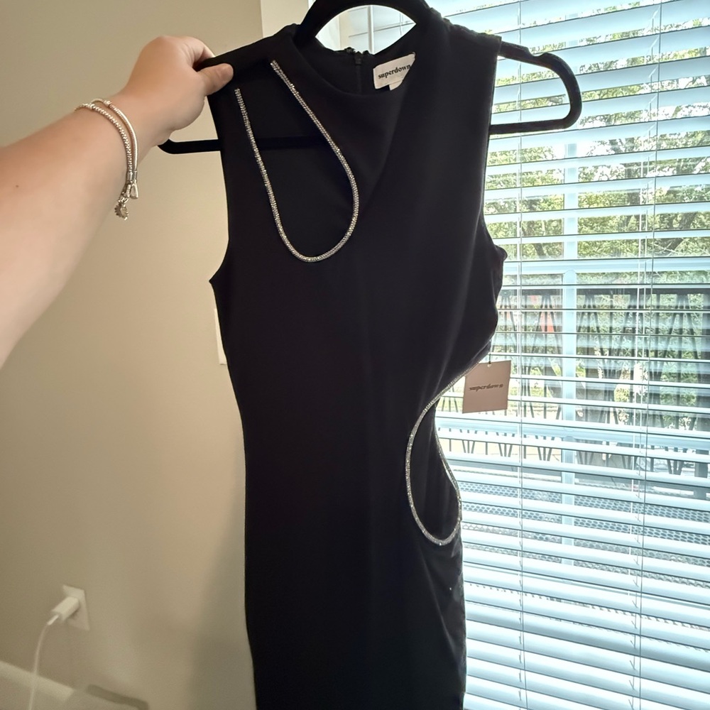Superdown Black Sleeveless Cutout Mini Dress with Silver Trim